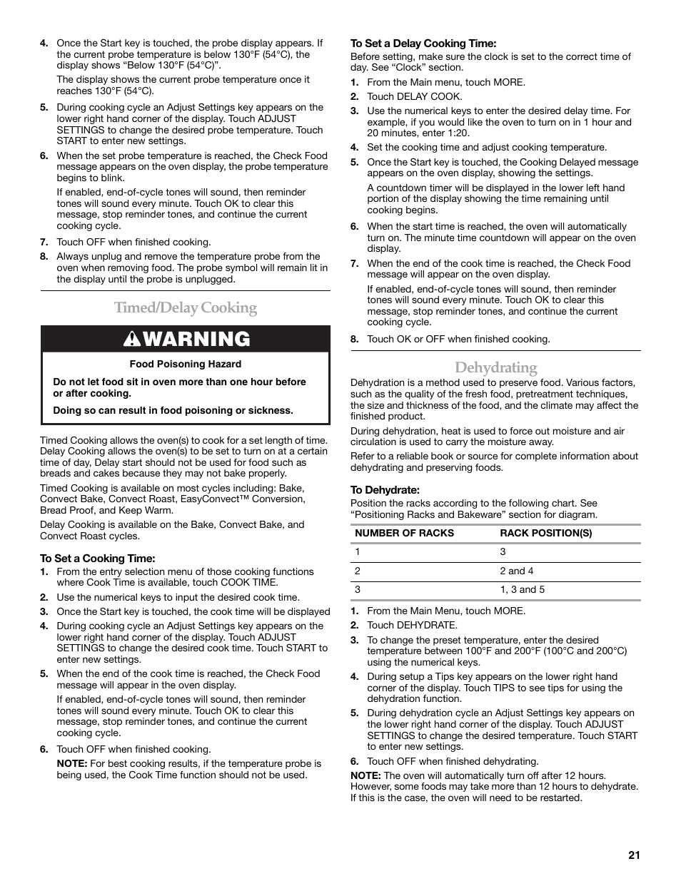 Warning, Timed/delay cooking, Dehydrating | KITCHENAID KEHU309 User Manual | Page 21 / 32