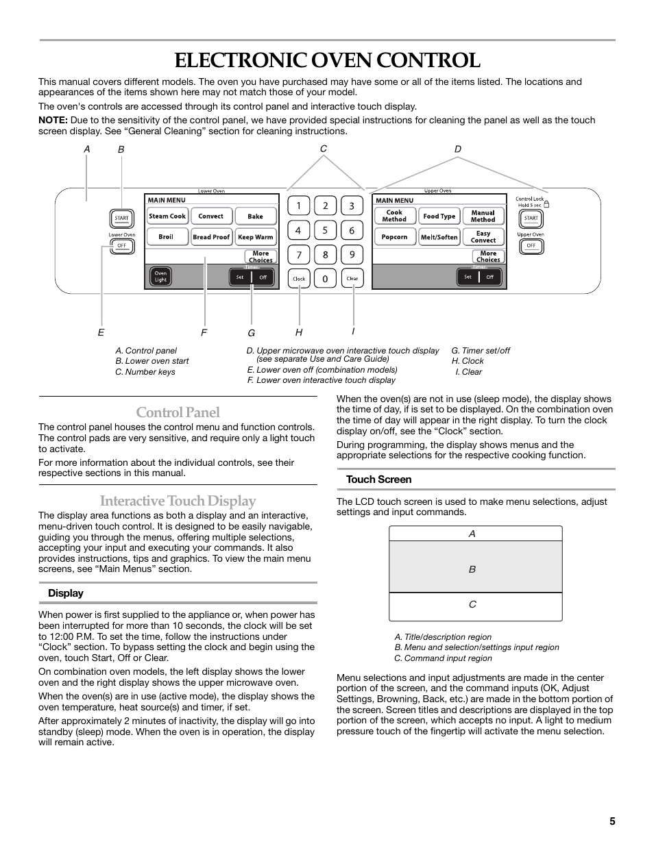 Electronic oven control, Control panel, Interactive touch display | KITCHENAID KEHU309 User Manual | Page 5 / 32