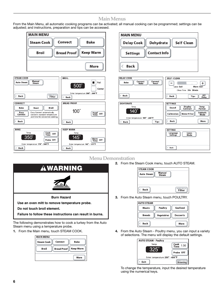 Warning, Main menus, Menu demonstration | KITCHENAID KEHU309 User Manual | Page 6 / 32