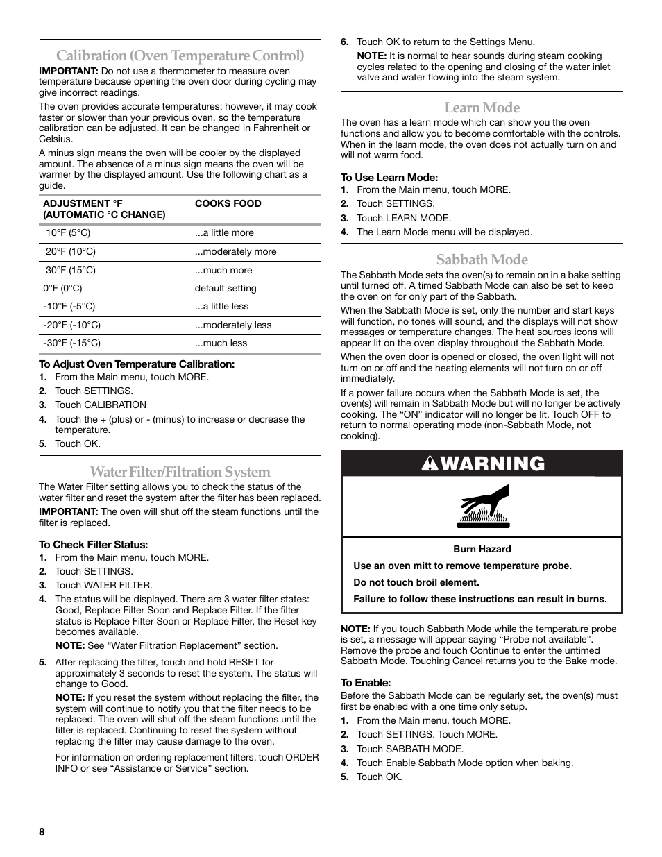 Warning, Calibration (oven temperature control), Water filter/filtration system | Learn mode, Sabbath mode | KITCHENAID KEHU309 User Manual | Page 8 / 32