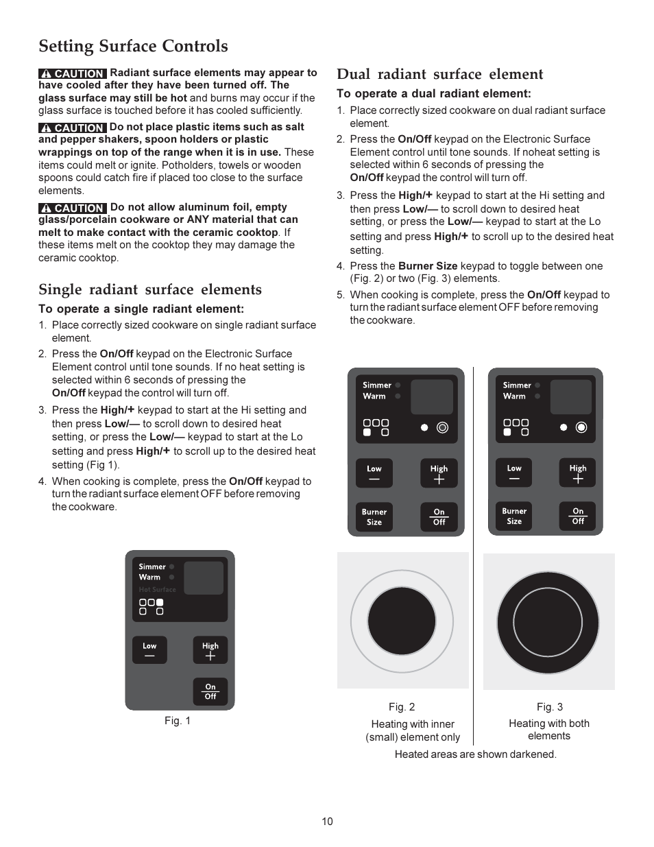 Setting surface controls, Dual radiant surface element, Single radiant surface elements | KITCHENAID ARCHITECT KERS308X User Manual | Page 10 / 36