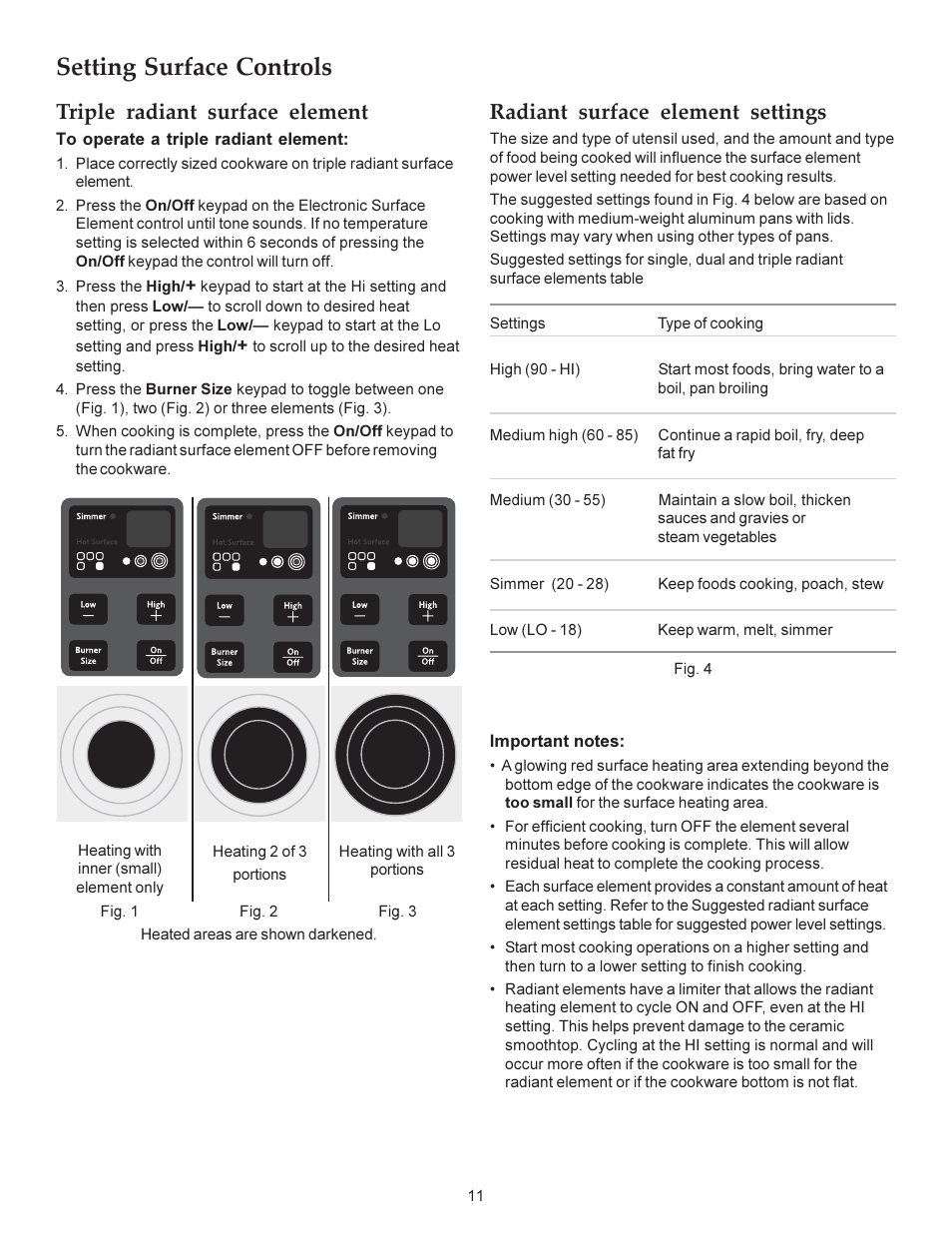 Setting surface controls, Radiant surface element settings, Triple radiant surface element | KITCHENAID ARCHITECT KERS308X User Manual | Page 11 / 36