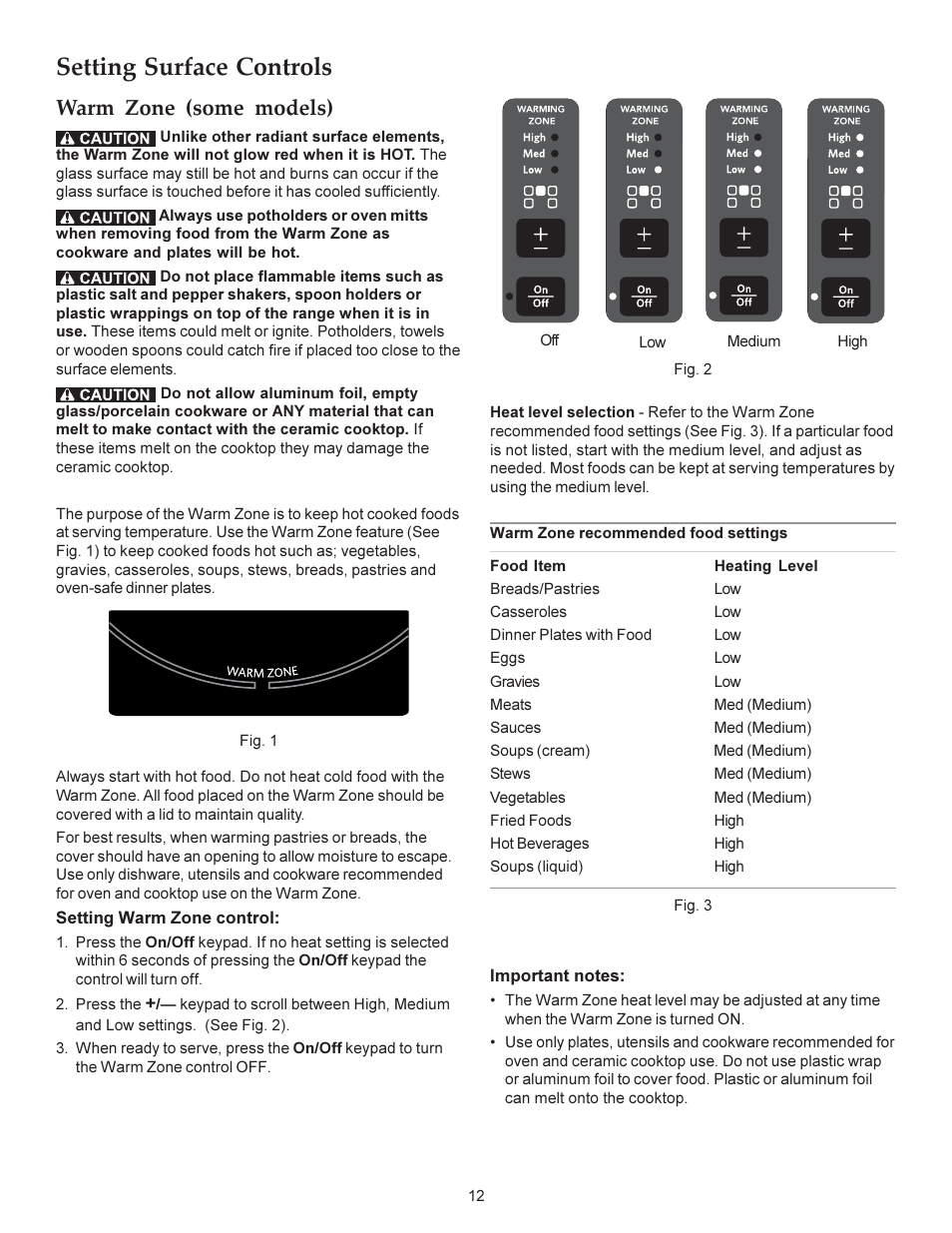 Setting surface controls, Warm zone (some models) | KITCHENAID ARCHITECT KERS308X User Manual | Page 12 / 36