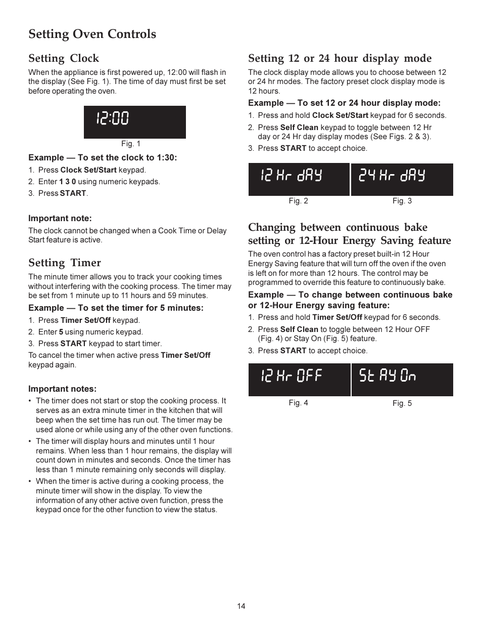 Setting oven controls, Setting clock, Setting timer | Setting 12 or 24 hour display mode | KITCHENAID ARCHITECT KERS308X User Manual | Page 14 / 36
