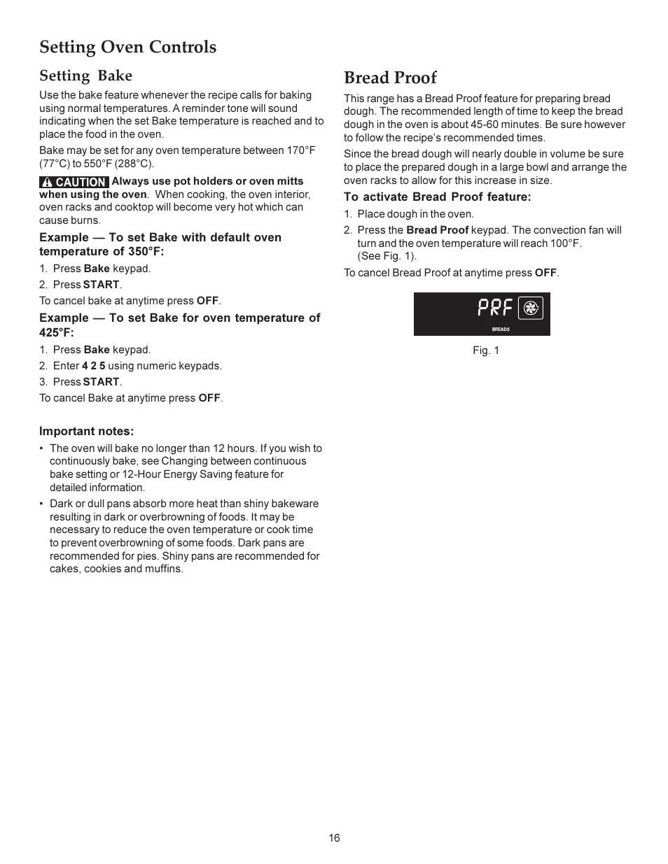 Setting oven controls, Bread proof, Setting bake | KITCHENAID ARCHITECT KERS308X User Manual | Page 16 / 36