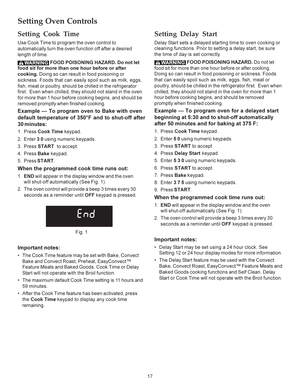 Setting oven controls, Setting cook time, Setting delay start | KITCHENAID ARCHITECT KERS308X User Manual | Page 17 / 36