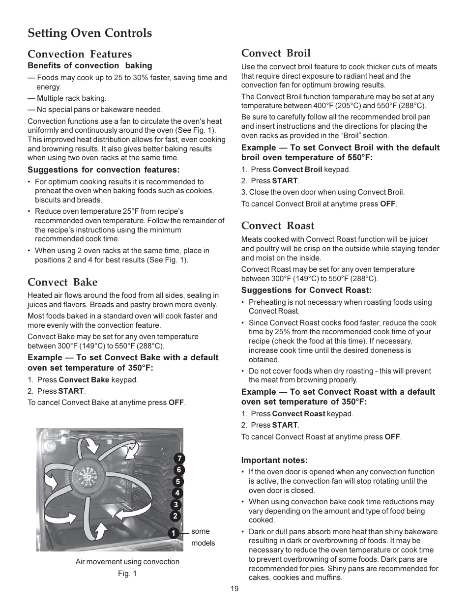 Setting oven controls, Convect bake, Convect broil | Convect roast, Convection features | KITCHENAID ARCHITECT KERS308X User Manual | Page 19 / 36