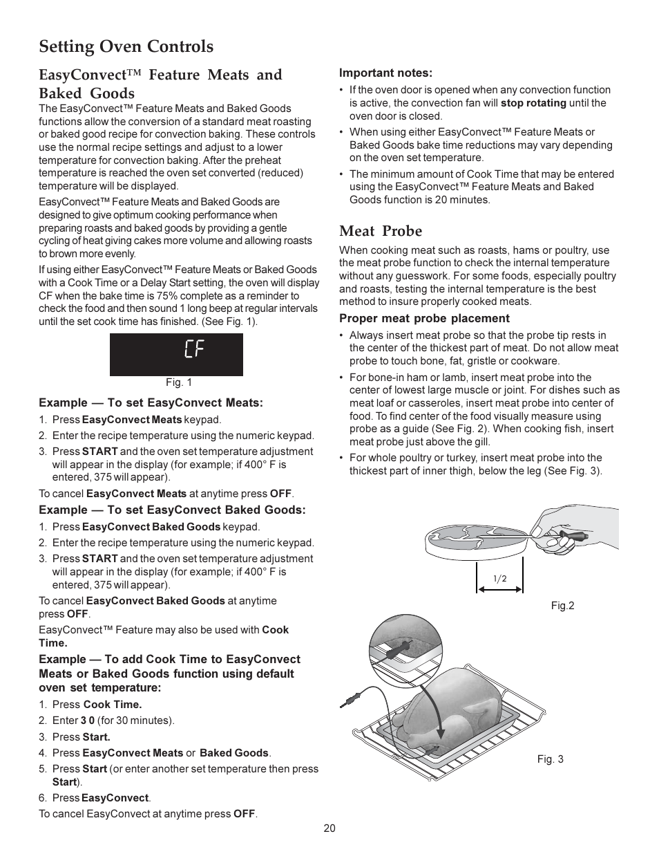 Setting oven controls, Easyconvect feature meats and baked goods, Meat probe | KITCHENAID ARCHITECT KERS308X User Manual | Page 20 / 36