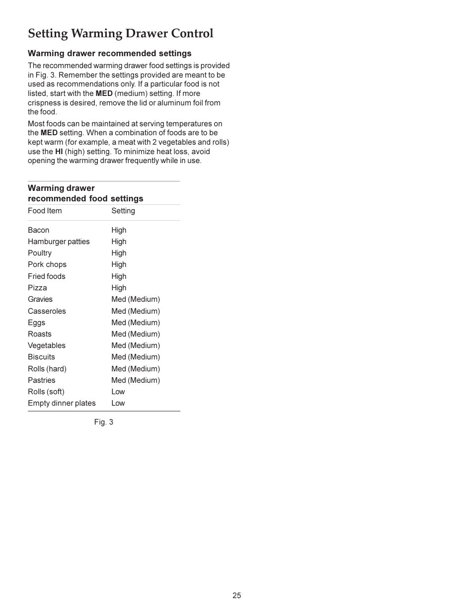 Setting warming drawer control | KITCHENAID ARCHITECT KERS308X User Manual | Page 25 / 36