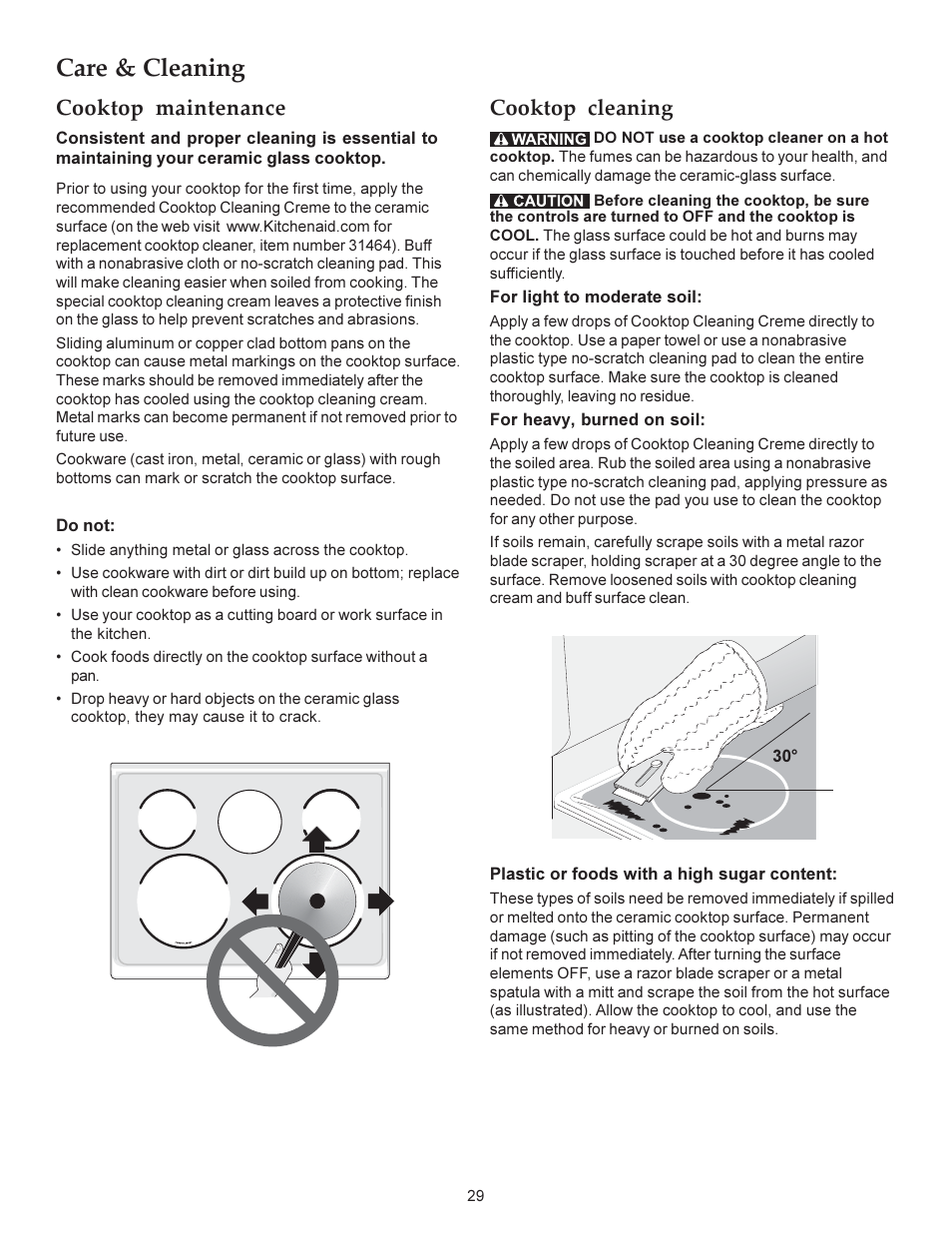 Care & cleaning, Cooktop maintenance, Cooktop cleaning | KITCHENAID ARCHITECT KERS308X User Manual | Page 29 / 36