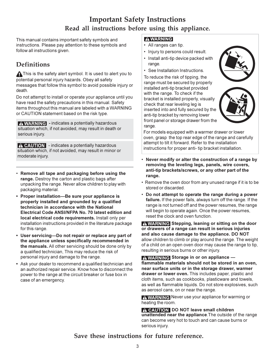 Important safety instructions, Save these instructions for future reference, Read all instructions before using this appliance | Definitions | KITCHENAID ARCHITECT KERS308X User Manual | Page 3 / 36