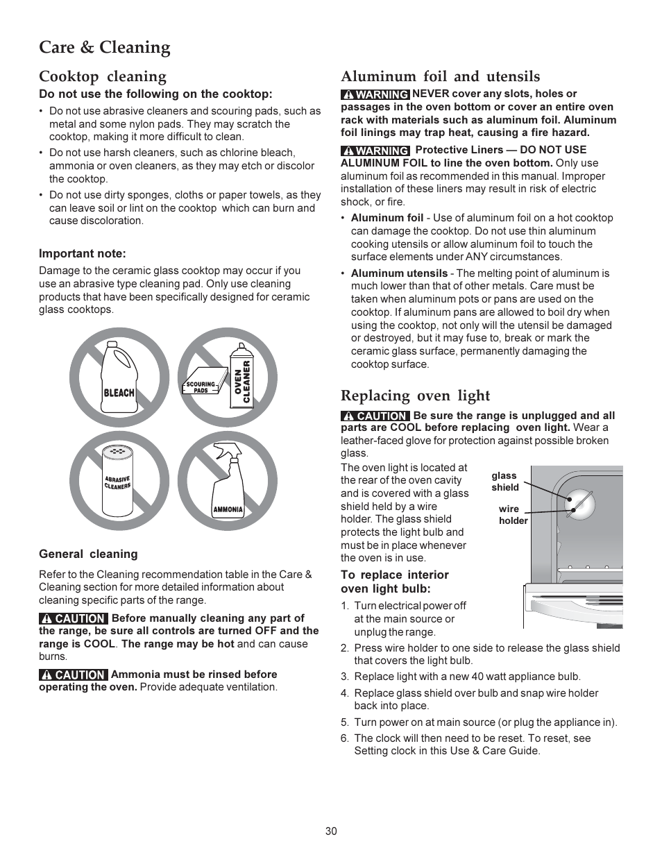 Care & cleaning, Cooktop cleaning, Aluminum foil and utensils | Replacing oven light | KITCHENAID ARCHITECT KERS308X User Manual | Page 30 / 36