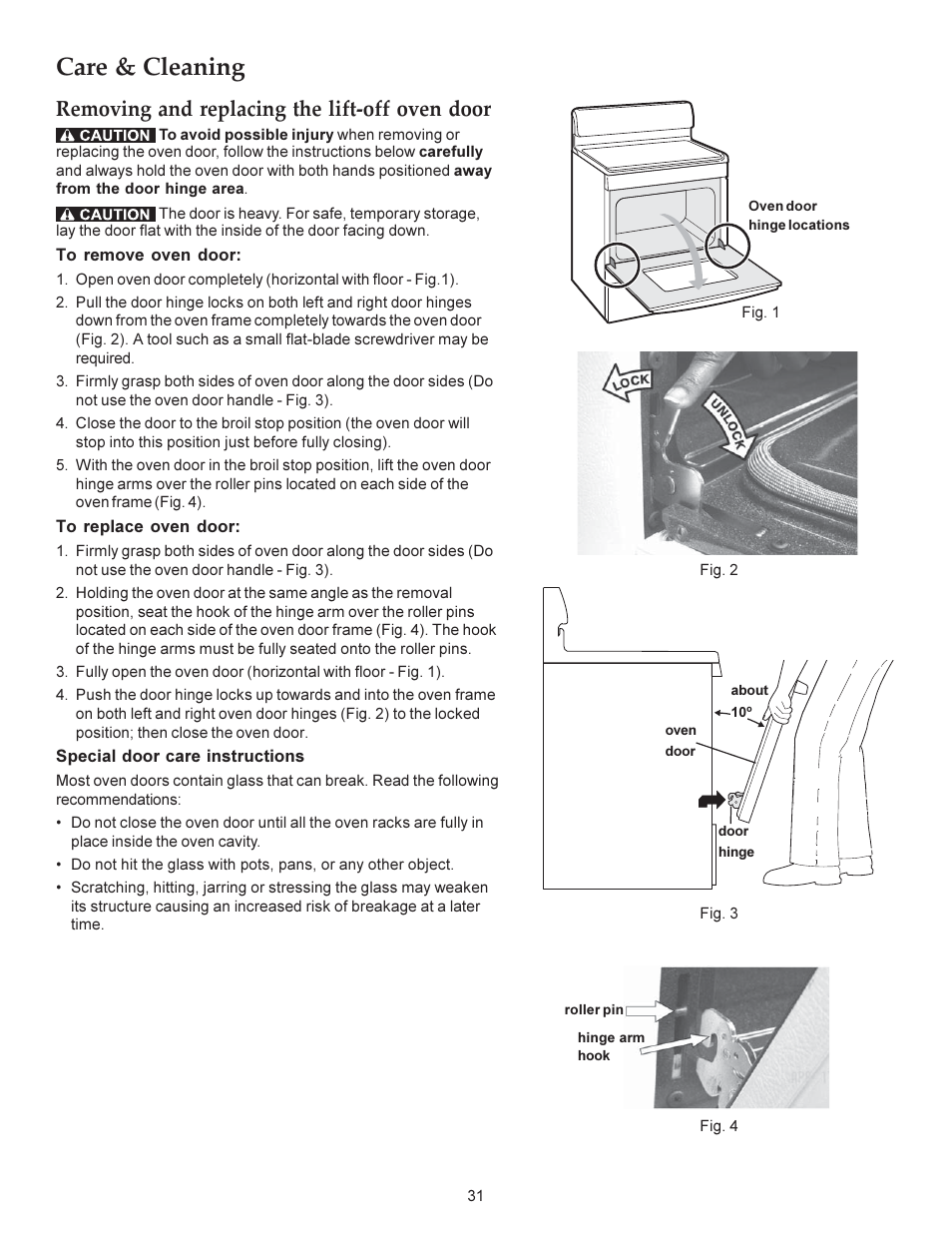 Care & cleaning, Removing and replacing the lift-off oven door | KITCHENAID ARCHITECT KERS308X User Manual | Page 31 / 36