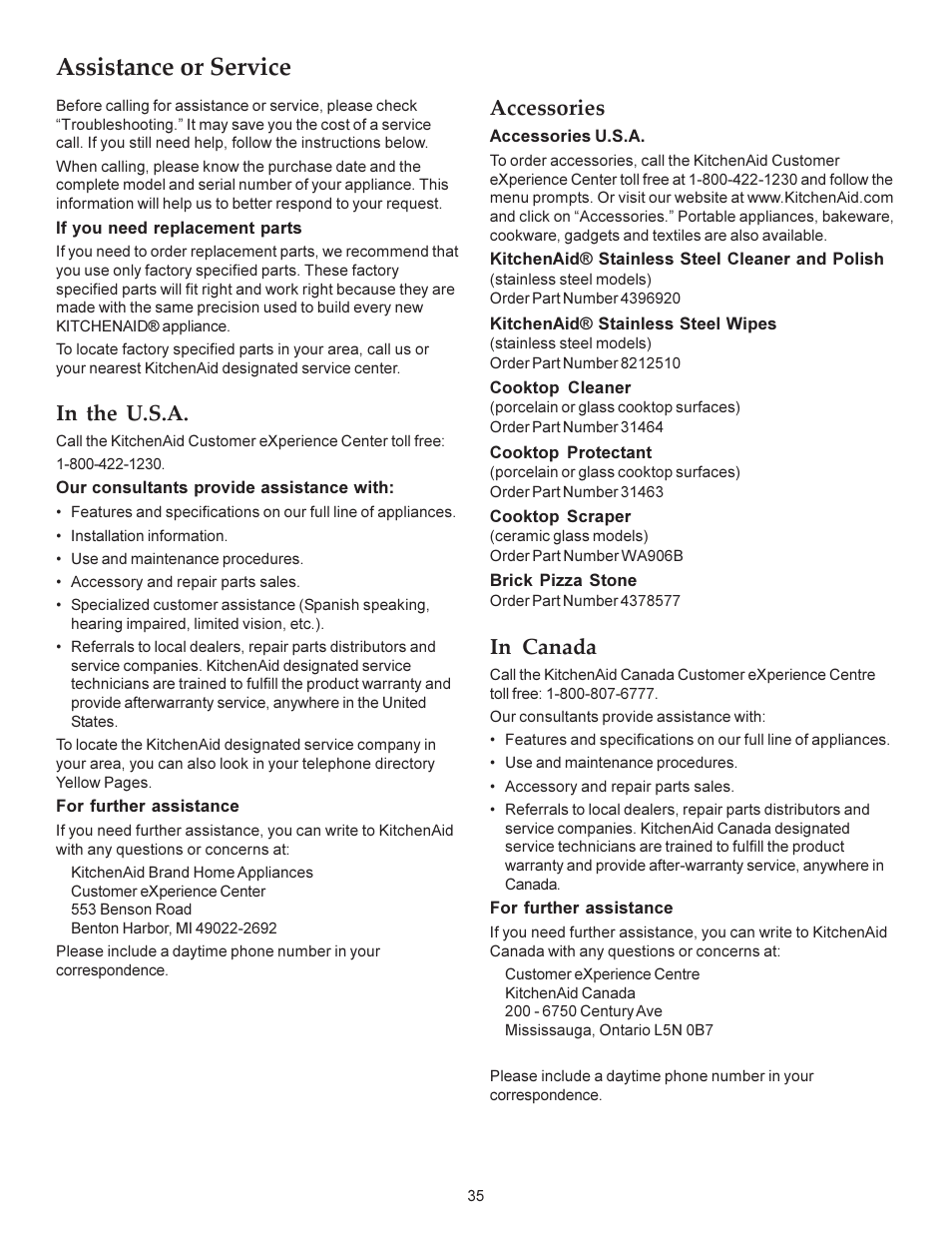 Assistance or service, Accessories | KITCHENAID ARCHITECT KERS308X User Manual | Page 35 / 36