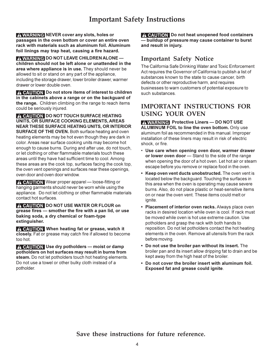 Important safety instructions, Important safety notice, Important instructions for using your oven | Save these instructions for future reference | KITCHENAID ARCHITECT KERS308X User Manual | Page 4 / 36