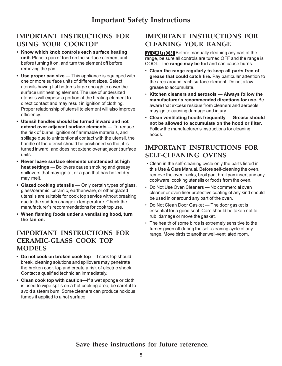 Important safety instructions, Important instructions for using your cooktop, Important instructions for self-cleaning ovens | KITCHENAID ARCHITECT KERS308X User Manual | Page 5 / 36