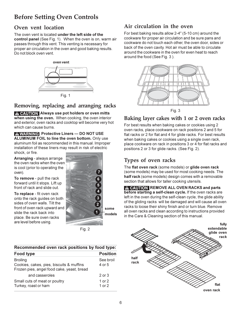 Before setting oven controls, Baking layer cakes with 1 or 2 oven racks, Types of oven racks | Removing, replacing and arranging racks, Oven vent location, Air circulation in the oven | KITCHENAID ARCHITECT KERS308X User Manual | Page 6 / 36