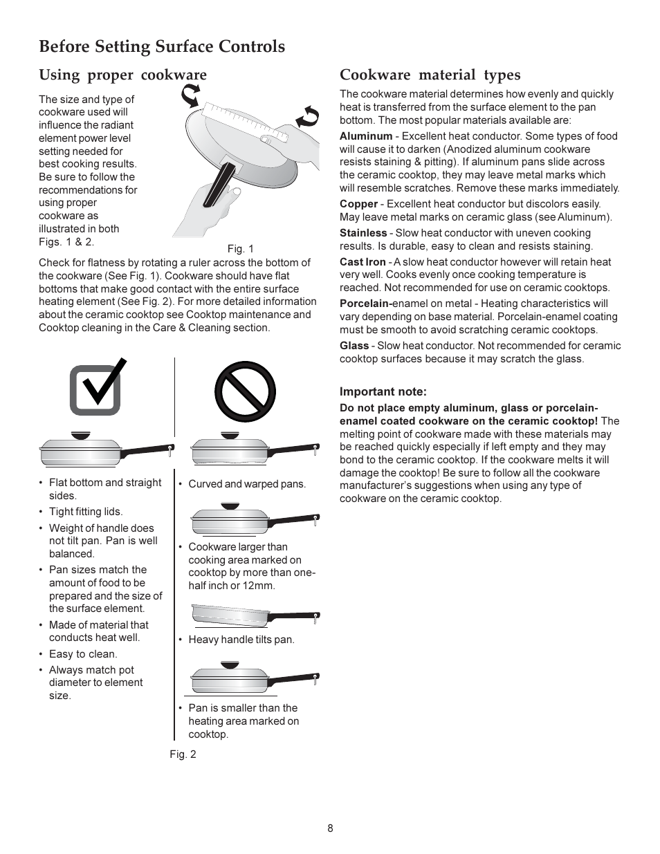 Before setting surface controls, Cookware material types, Using proper cookware | KITCHENAID ARCHITECT KERS308X User Manual | Page 8 / 36