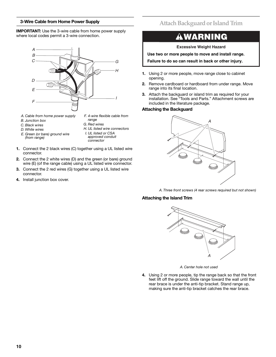 Warning, Attach backguard or island trim | KITCHENAID W10044930B User Manual | Page 10 / 16