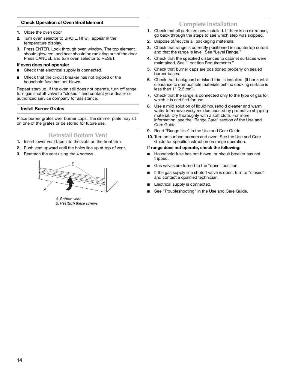 Reinstall bottom vent, Complete installation | KITCHENAID W10044930B User Manual | Page 14 / 16