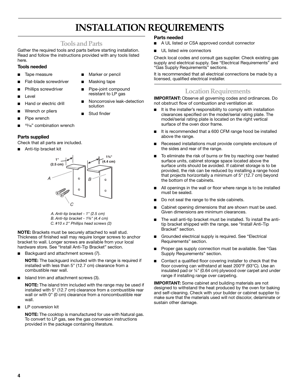 Installation requirements, Tools and parts, Location requirements | KITCHENAID W10044930B User Manual | Page 4 / 16