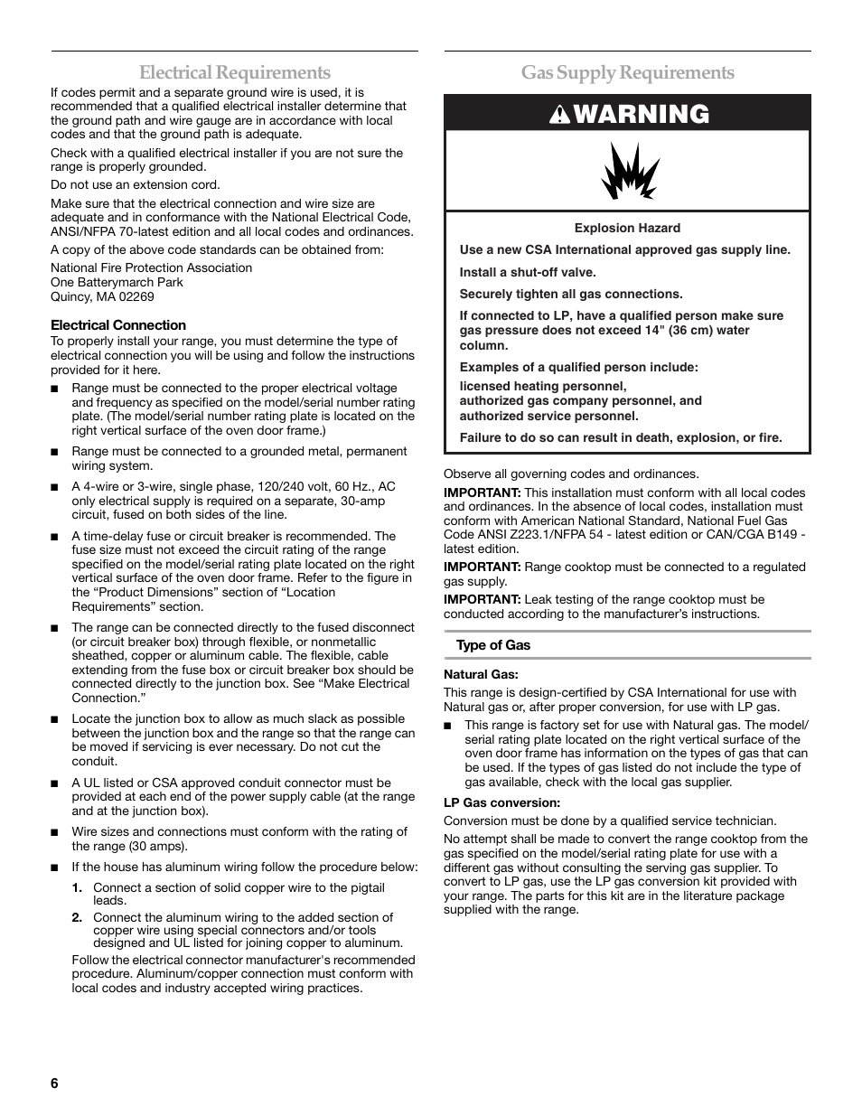 Warning, Electrical requirements, Gas supply requirements | KITCHENAID W10044930B User Manual | Page 6 / 16