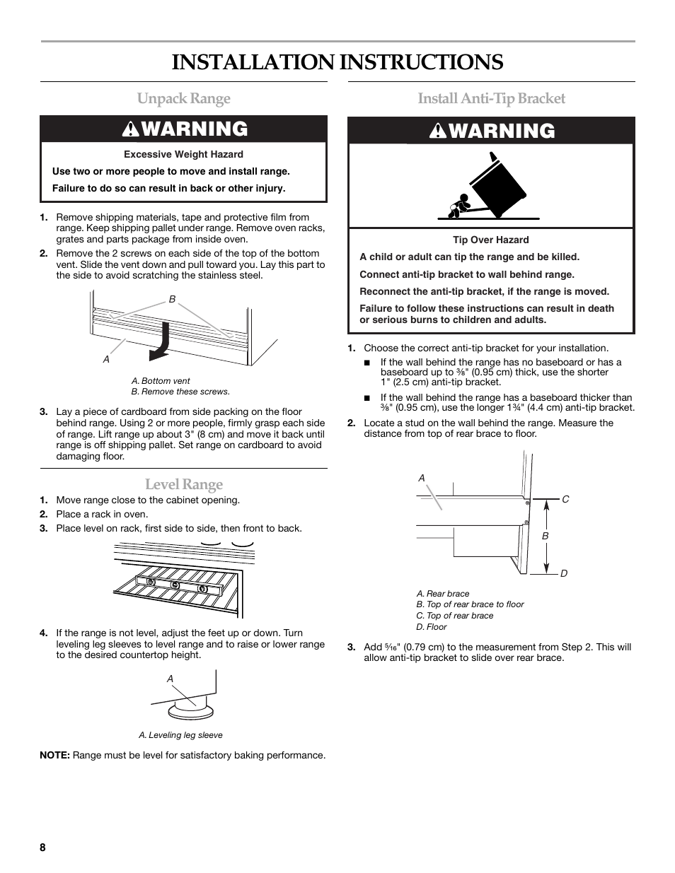 Installation instructions, Warning, Unpack range | Level range, Install anti-tip bracket | KITCHENAID W10044930B User Manual | Page 8 / 16