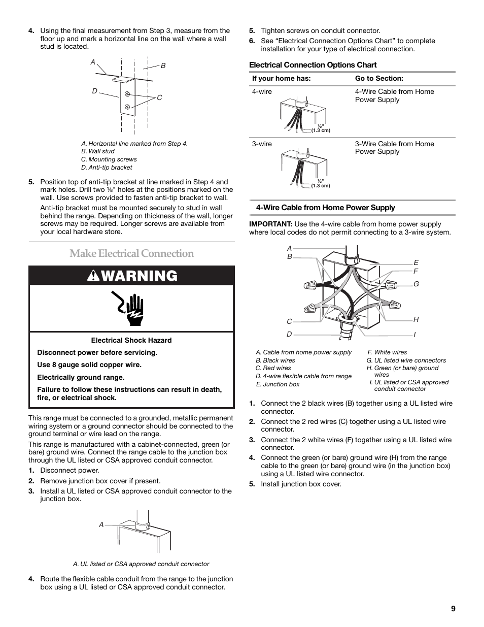 Warning, Make electrical connection | KITCHENAID W10044930B User Manual | Page 9 / 16