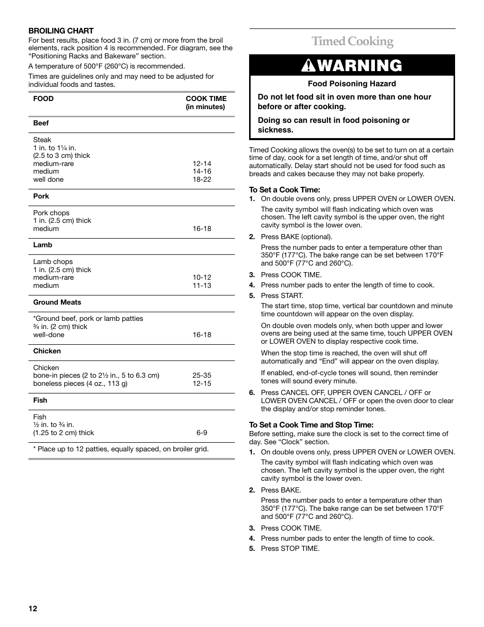 Warning, Timed cooking | KITCHENAID KEBC101 User Manual | Page 12 / 20