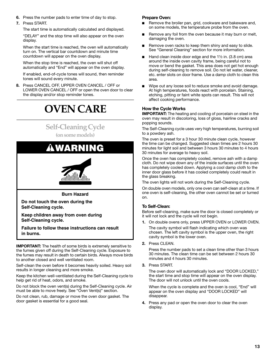 Oven care, Warning, Self-cleaning cycle | KITCHENAID KEBC101 User Manual | Page 13 / 20