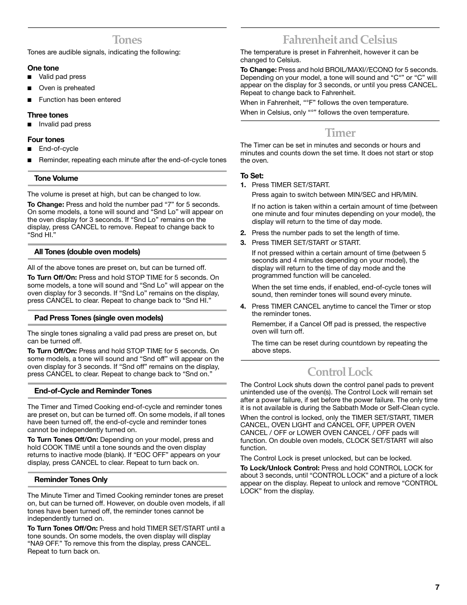 Tones, Fahrenheit and celsius, Timer | Control lock | KITCHENAID KEBC101 User Manual | Page 7 / 20