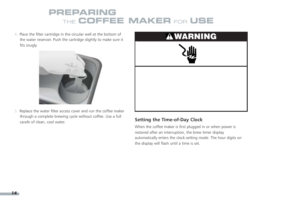 Preparing, Coffee maker, Use warning | KITCHENAID KPCM050 User Manual | Page 16 / 39