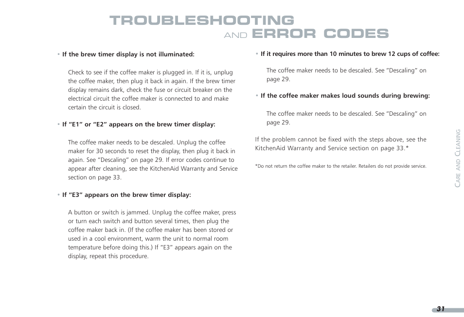 Troubleshooting, Error codes | KITCHENAID KPCM050 User Manual | Page 33 / 39