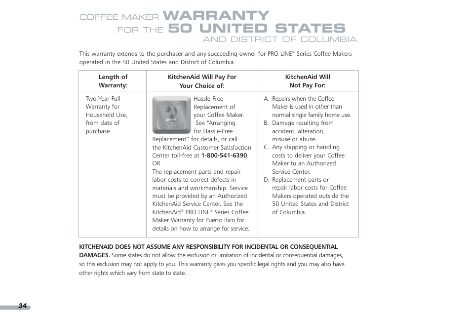 Warranty, 50 united states | KITCHENAID KPCM050 User Manual | Page 36 / 39