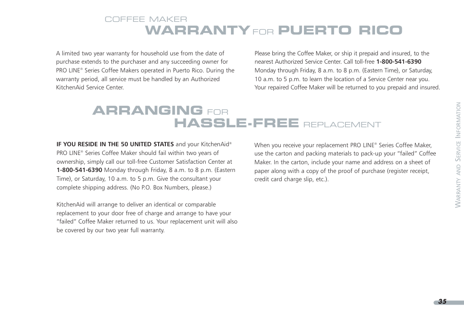 Warranty, Puerto rico, Arranging | Hassle-free | KITCHENAID KPCM050 User Manual | Page 37 / 39