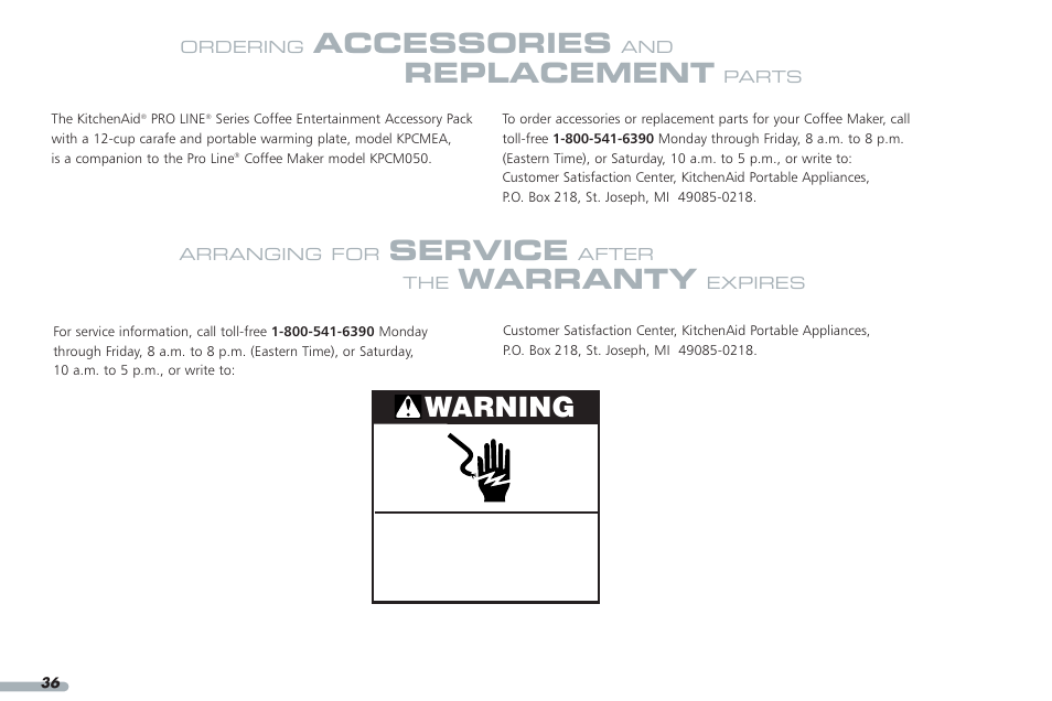 Accessories, Replacement, Service | Warranty, Warning | KITCHENAID KPCM050 User Manual | Page 38 / 39