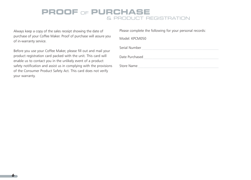 Proof, Purchase | KITCHENAID KPCM050 User Manual | Page 8 / 39