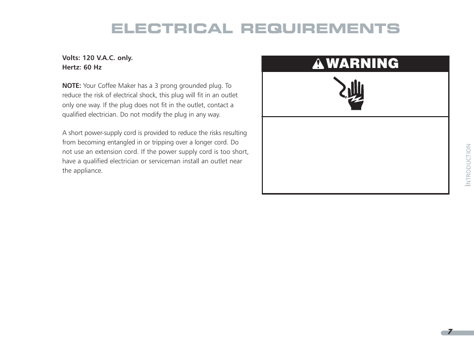 Electrical requirements warning | KITCHENAID KPCM050 User Manual | Page 9 / 39