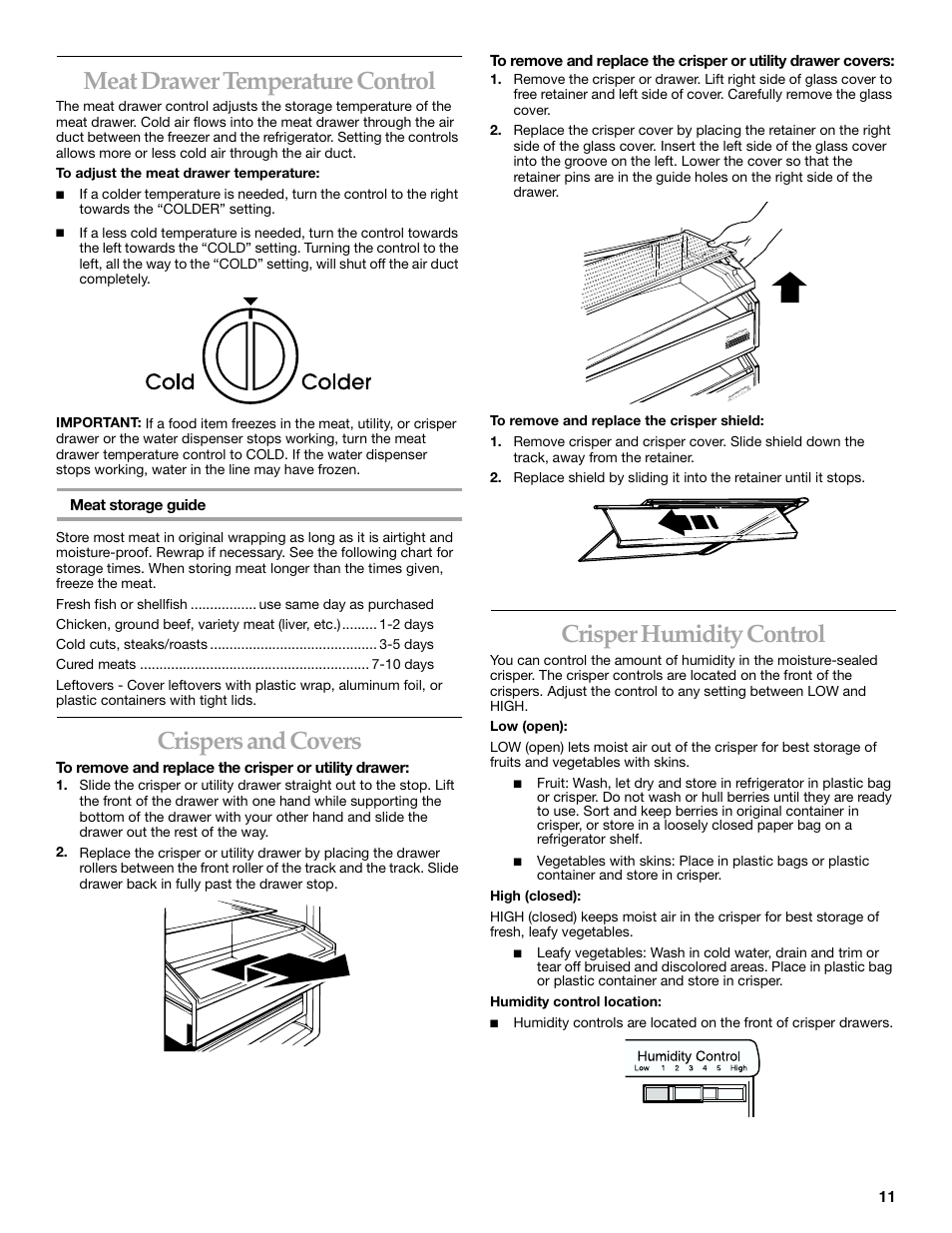 Meat drawer temperature control, Crispers and covers, Crisper humidity control | KITCHENAID SIDE BY SIDE BUILT-IN REFRIGERATOR User Manual | Page 11 / 68