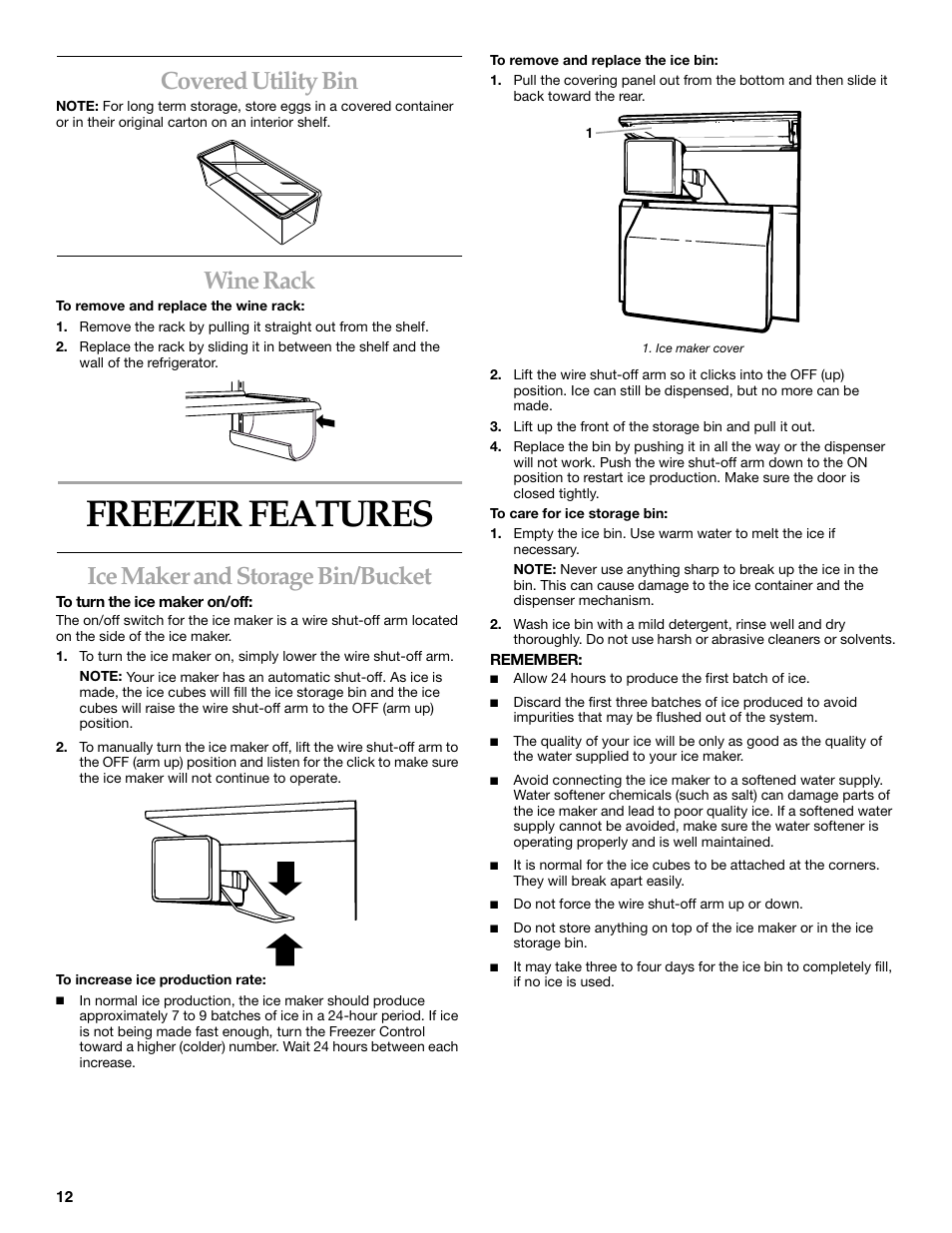 Freezer features, Covered utility bin, Wine rack | Ice maker and storage bin/bucket | KITCHENAID SIDE BY SIDE BUILT-IN REFRIGERATOR User Manual | Page 12 / 68