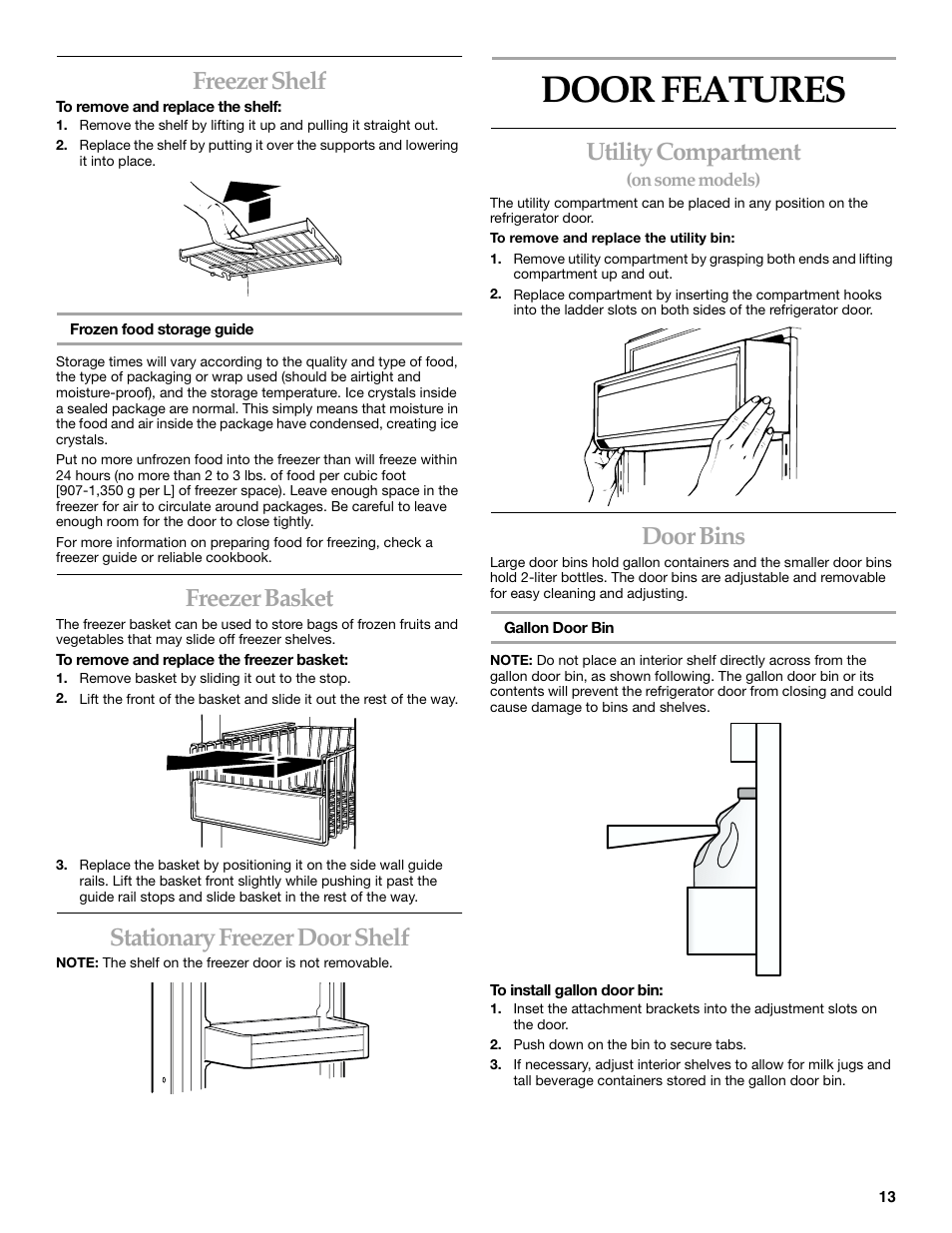 Door features, Freezer shelf, Freezer basket | Stationary freezer door shelf, Utility compartment, Door bins | KITCHENAID SIDE BY SIDE BUILT-IN REFRIGERATOR User Manual | Page 13 / 68