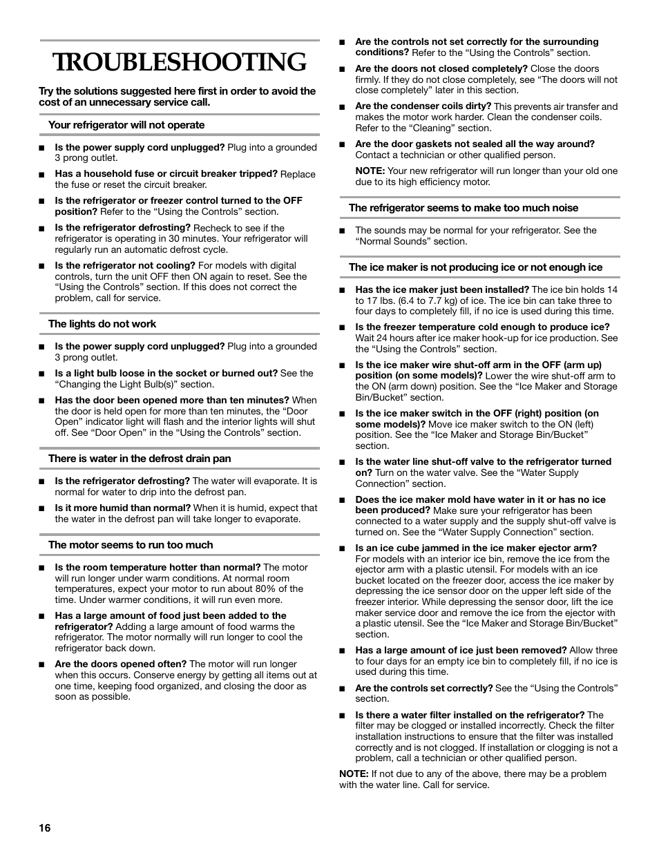 Troubleshooting | KITCHENAID SIDE BY SIDE BUILT-IN REFRIGERATOR User Manual | Page 16 / 68
