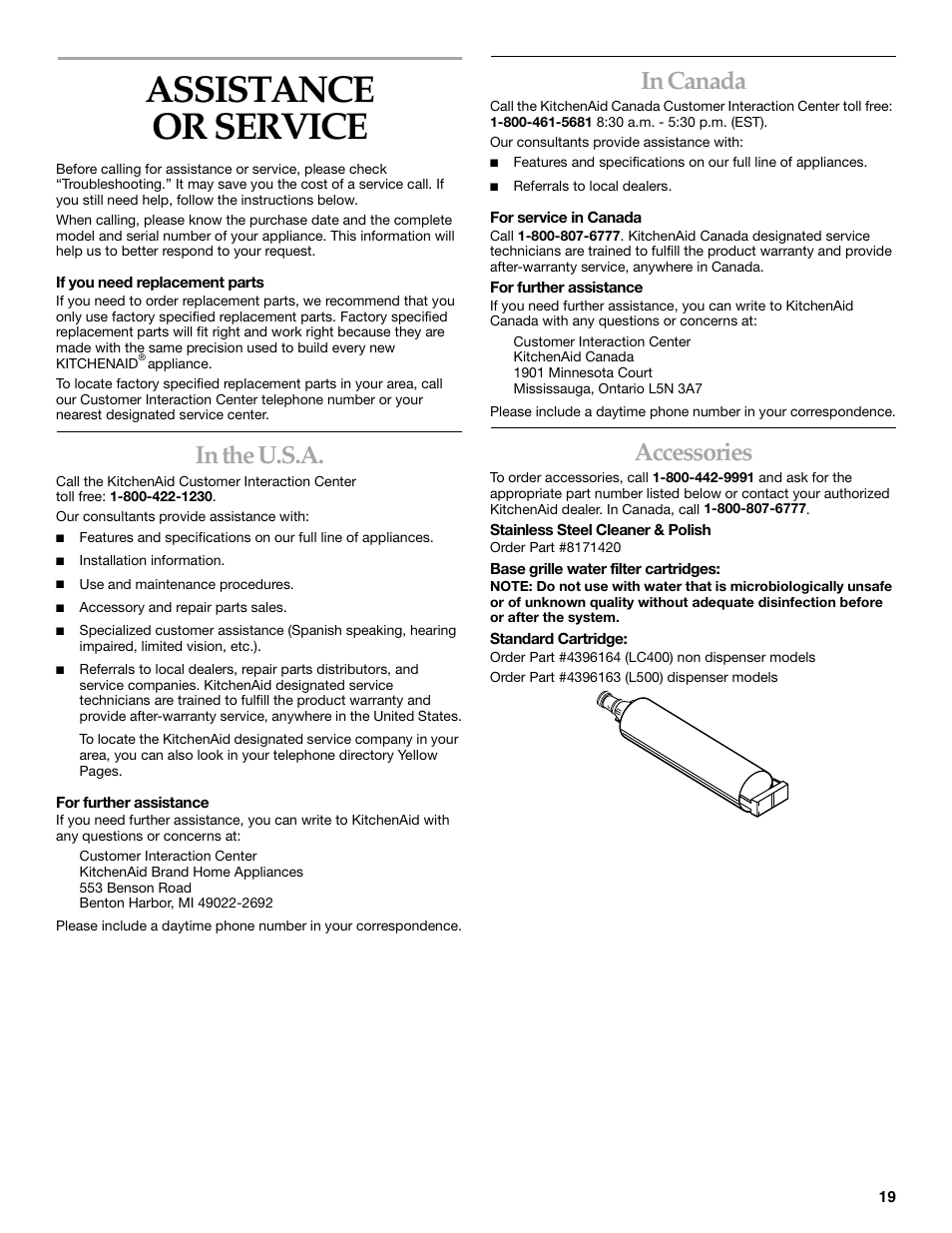 Assistance or service, Accessories | KITCHENAID SIDE BY SIDE BUILT-IN REFRIGERATOR User Manual | Page 19 / 68