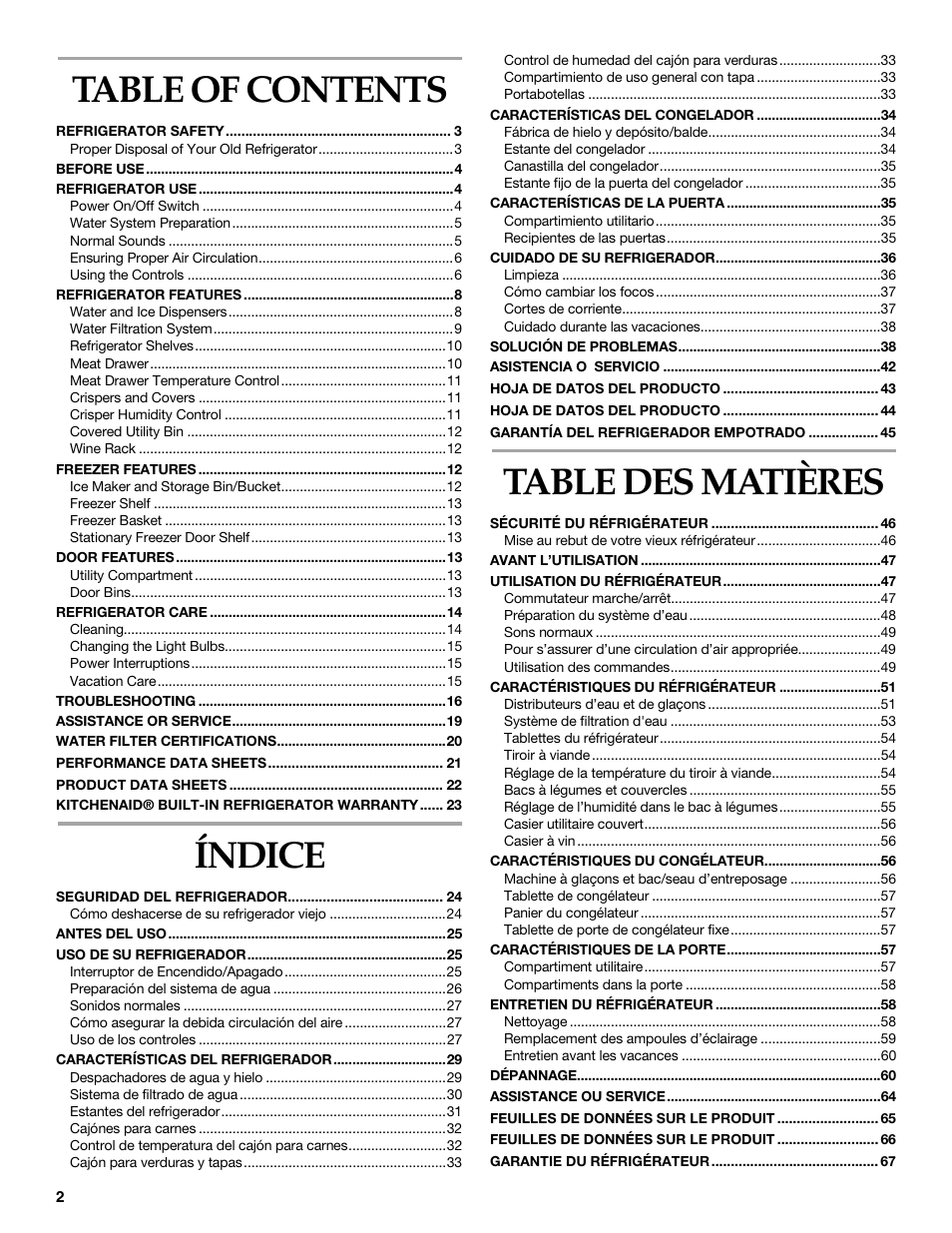 KITCHENAID SIDE BY SIDE BUILT-IN REFRIGERATOR User Manual | Page 2 / 68