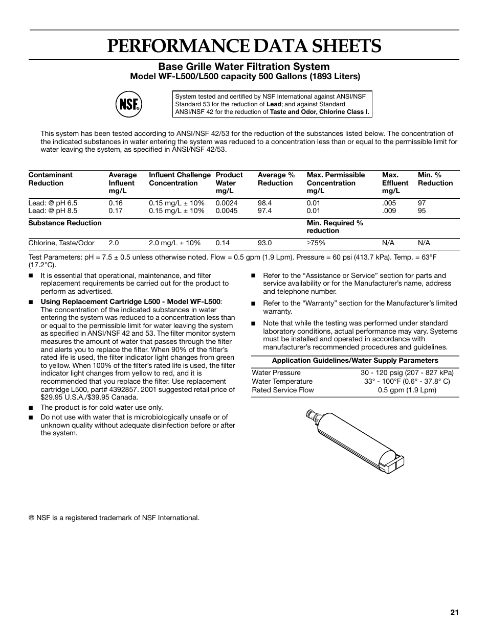 Performance data sheets, Base grille water filtration system | KITCHENAID SIDE BY SIDE BUILT-IN REFRIGERATOR User Manual | Page 21 / 68