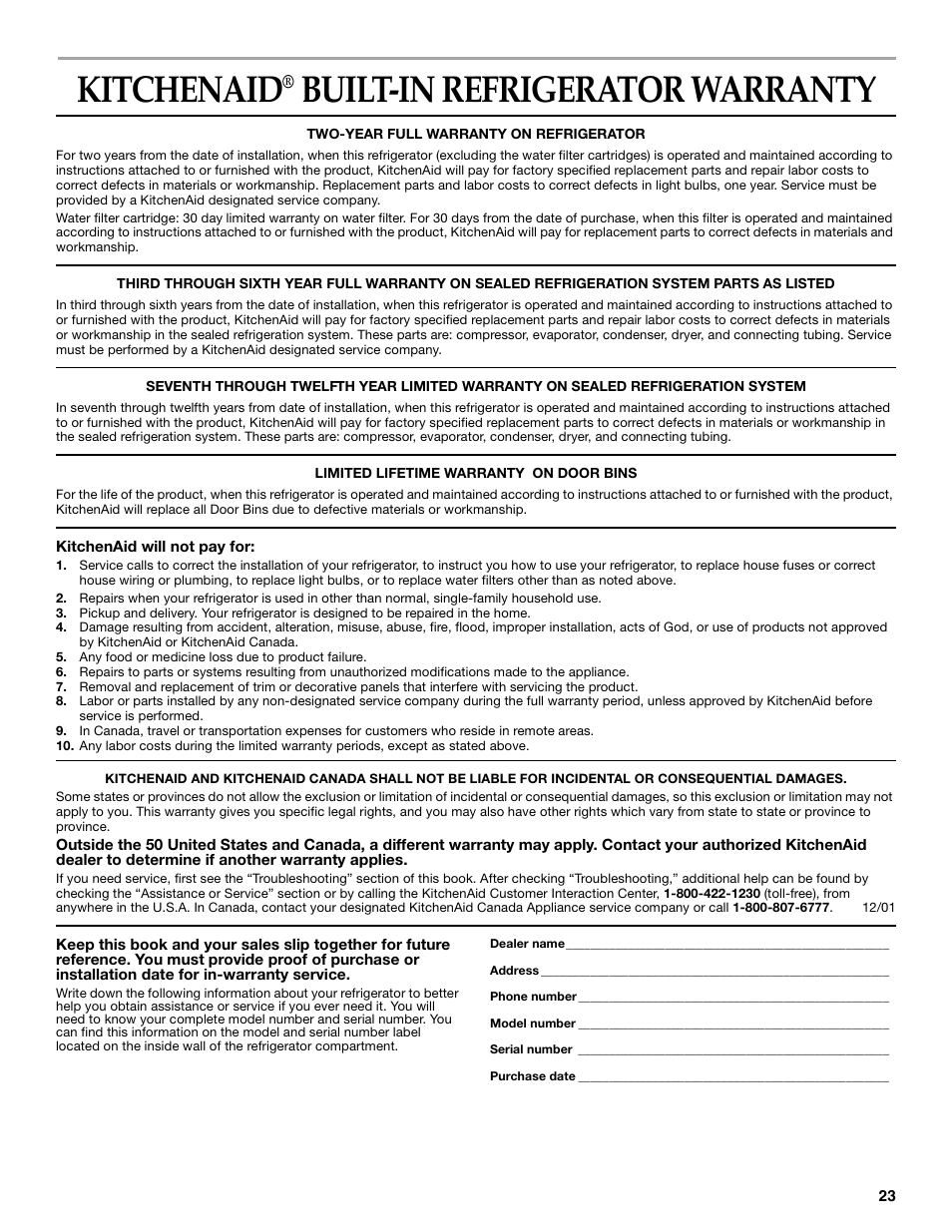 Warranty, Kitchenaid, Built-in refrigerator warranty | KITCHENAID SIDE BY SIDE BUILT-IN REFRIGERATOR User Manual | Page 23 / 68