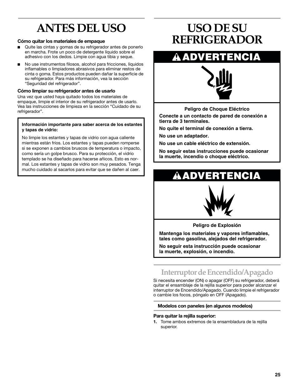 Antes del uso, Uso de su refrigerador, Advertencia | Interruptor de encendido/apagado | KITCHENAID SIDE BY SIDE BUILT-IN REFRIGERATOR User Manual | Page 25 / 68