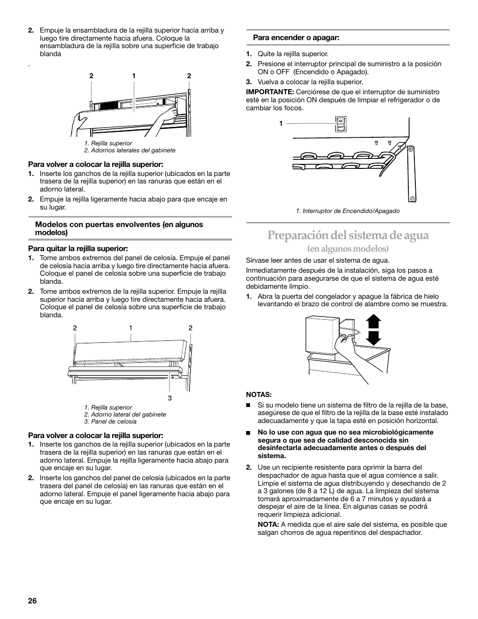 Preparación del sistema de agua, En algunos modelos) | KITCHENAID SIDE BY SIDE BUILT-IN REFRIGERATOR User Manual | Page 26 / 68