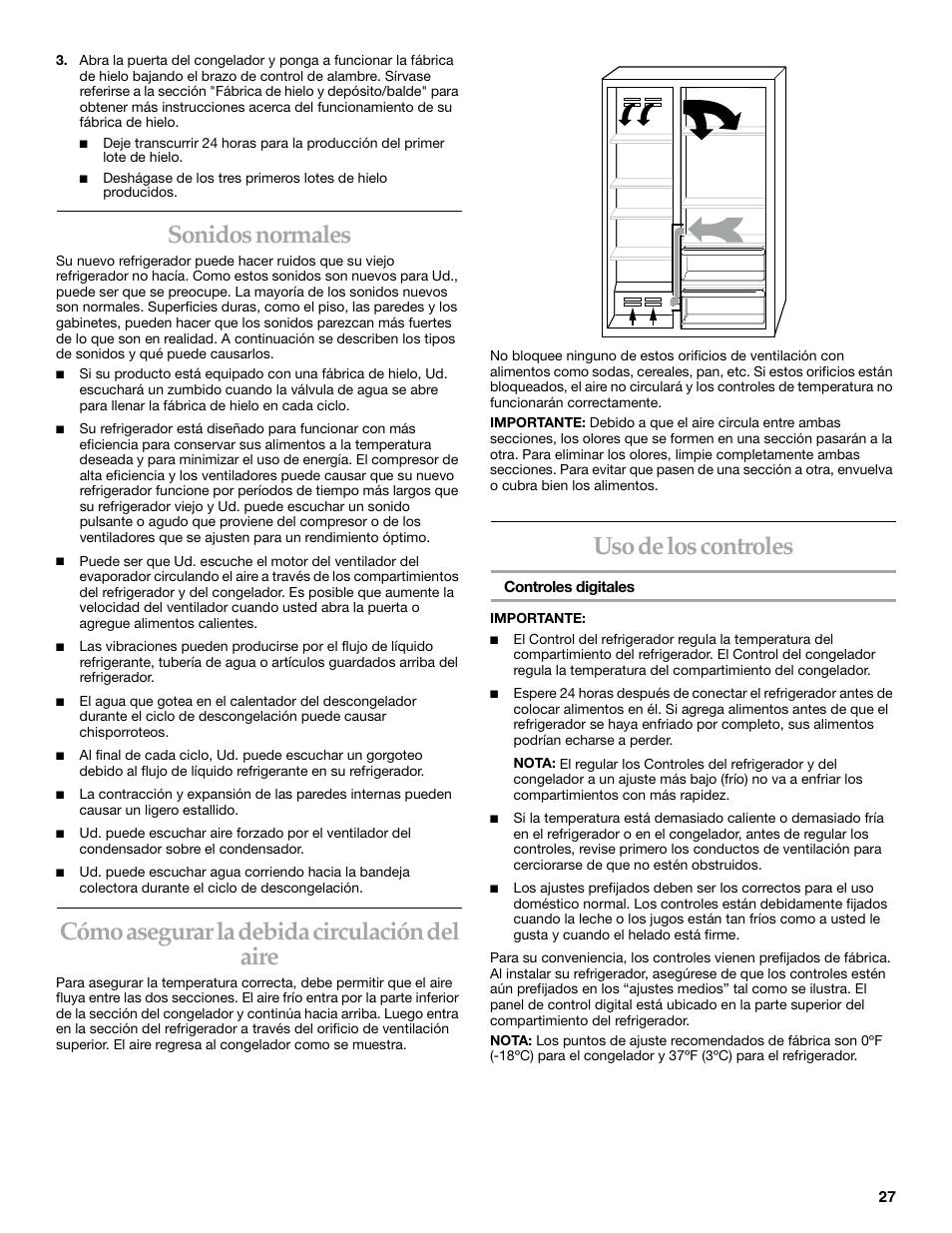 Sonidos normales, Cómo asegurar la debida circulación del aire, Uso de los controles | KITCHENAID SIDE BY SIDE BUILT-IN REFRIGERATOR User Manual | Page 27 / 68