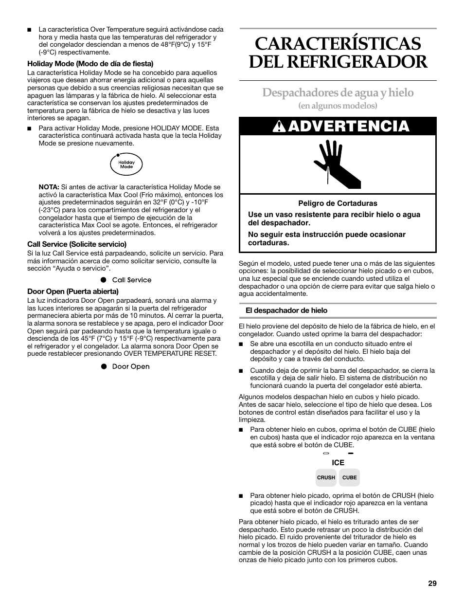 Características del refrigerador, Advertencia, Despachadores de agua y hielo | KITCHENAID SIDE BY SIDE BUILT-IN REFRIGERATOR User Manual | Page 29 / 68